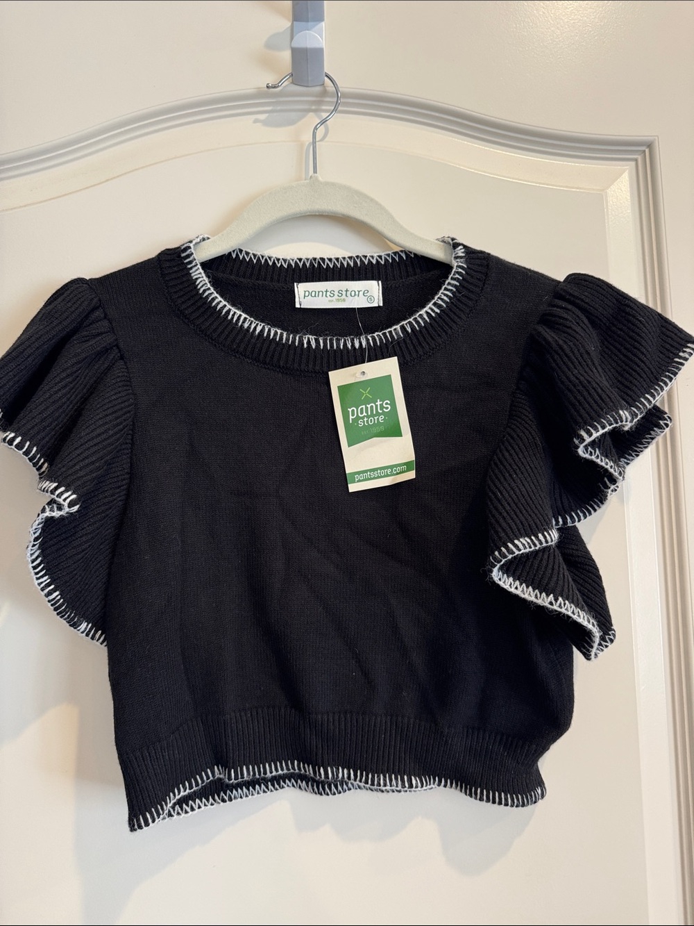 pants store Black Ruffle Sleeve Knit Top